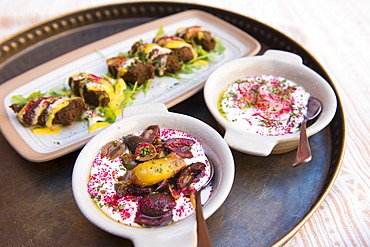 Dish served at the restaurant of Dar Tantora The House Hotel, a renovated original mudbrick village in the oasis of AlUla, Medina Province, Saudi Arabia, Middle East