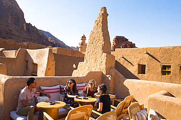 Terrace cafe at Dar Tantora The House Hotel, a renovated original mudbrick village in the oasis of AlUla, Medina Province, Saudi Arabia, Middle East