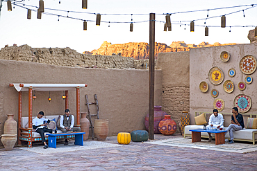 Open-air café on a small square in the old town of AlUla, Medina Province, Saudi Arabia, Middle East