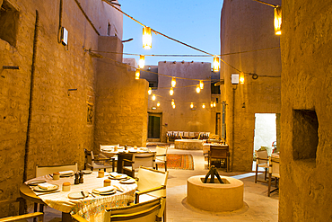 Restaurant at Dar Tantora The House Hotel, a renovated original mudbrick village in the oasis of AlUla, Medina Province, Saudi Arabia, Middle East