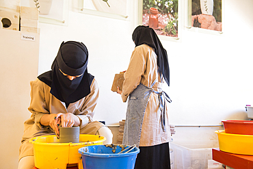 Madrasat Adeera, originaly a Girl's School, now an artistic space where women learn and practice different crafts, here a pottery workshop, whose creations will be sold at the market in the old town of AlUla, Medina Province, Saudi Arabia, Middle East