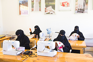 Madrasat Adeera, originaly a Girl's School, now an artistic space where women learn and practice different crafts, here a sewing and embroidery workshop, whose creations will be sold in the old town of AlUla, Medina Province, Saudi Arabia, Middle East