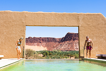 Swimming pool of Dar Tantora The House Hotel, a renovated original mudbrick village in the oasis of AlUla, Medina Province, Saudi Arabia, Middle East