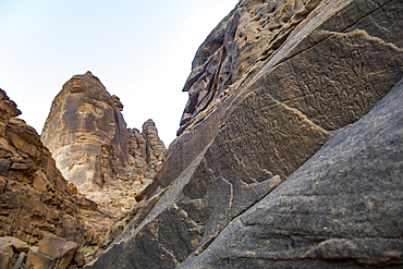 Jabal Ikmah Site represent the largest concentration of well-preserved Dadanitic inscriptions 'epigraphs and petroglyphs) in the world, dated back to the 2nd half of the1st millennium BCE. AlUla, Medina Province, Saudi Arabia, Middle East