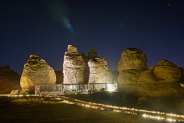 Gharameel site, a nice place to enjoy stargazing and traditionnal grilled dinner in the desert surrounded by pillars of mountain rock, near AlUla, Medina Province, Saudi Arabia, Middle East