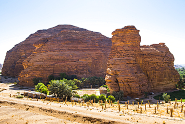 View over the sandstone rock cliffs and date palm groves from the outdoor deck of Airstreams Caravans by Our Habitas, Luxury glamping located in Ashar Valley, near Alula, Medina Province, Saudi Arabia, Middle East