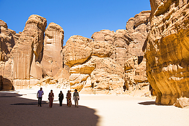 Group visiting the installation by artist Manal Aldowayan, entitled 'Now you see Me, Now You Don’t' as part of the 2020 Desert X AlUla exhibition, which took place in the Ashar Valley, Medina Province, Saudi Arabia, Middle East, Medina Province, Saudi Ara