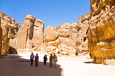 Group visiting the installation by artist Manal Aldowayan, entitled 'Now you see Me, Now You Don’t' as part of the 2020 Desert X AlUla exhibition, which took place in the Ashar Valley, Medina Province, Saudi Arabia, Middle East, Medina Province, Saudi Ara