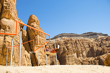 Installation by Superflex, entitled 'One Two Three Swing' as part of the 2020 Desert X AlUla exhibition, which took place in the Ashar Valley, Medina Province, Saudi Arabia, Middle East, Medina Province, Saudi Arabia, Middle East