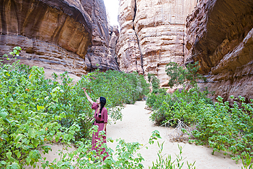 Woman walking at the bottom of a canyon with sandstone walls in the Sharaan Nature Reserve, AlUla, Medina Province, Saudi Arabia, Middle East