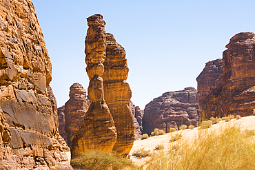 Extraordinary sandstone rock structure called 'Dancing Rocks' in the Sharaan Nature Reserve, AlUla, Medina Province, Saudi Arabia, Middle East