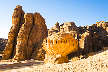 Remarkable sandstone rock carved by erosion in the Ashar Valley, AlUla, Medina Province, Saudi Arabia, Middle East