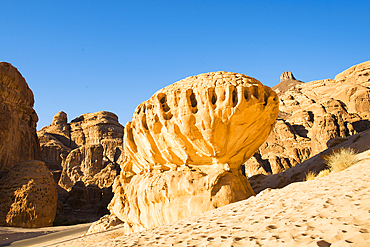 Remarkable sandstone rock carved by erosion in the Ashar Valley, AlUla, Medina Province, Saudi Arabia, Middle East