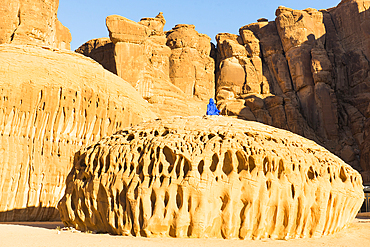 'Elyseria' by the artist Lita Albuquerque sitting on a remarkable sandstone rock , as part of the 2020 Desert X AlUla exhibition, which took place in the Ashar Valley, Medina Province, Saudi Arabia, Middle East, Medina Province, Saudi Arabia, Middle East