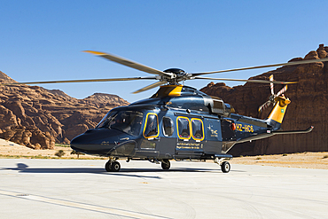 Helicopter on take-off area near the Maraya Theatre, in AlUla's Ashar Valley, Medina Province, Saudi Arabia, Middle East