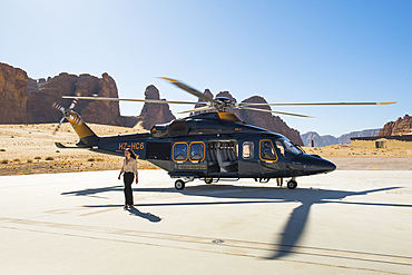 Helicopter on take-off area near the Maraya Theatre, in AlUla's Ashar Valley, Medina Province, Saudi Arabia, Middle East