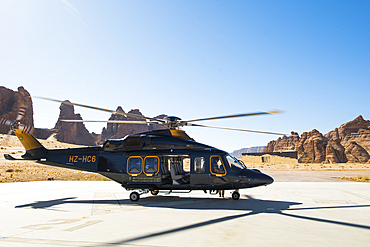 Helicopter on take-off area near the Maraya Theatre, in AlUla's Ashar Valley, Medina Province, Saudi Arabia, Middle East