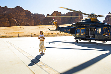 Helicopter on take-off area near the Maraya Theatre, in AlUla's Ashar Valley, Medina Province, Saudi Arabia, Middle East