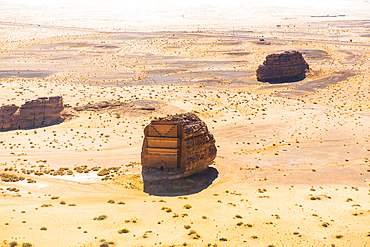 Aerial view of Qasr al-Farīd, the largest tomb within the UNESCO World Heritage Site of Hegra, also known as Mada'in Salih, in the area of AlUla, Medina Province, Saudi Arabia, Middle East