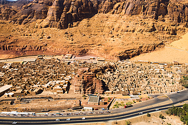 Aerial view of the Old mudbrick village under reconstruction, in the Old town of AlUla, Medina Province, Saudi Arabia, Middle East