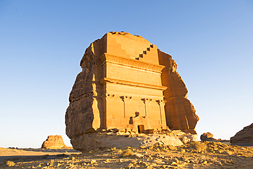 Tomb of Lihyan son of Kuza (Qasr AlFarid), carved into its own separate sandstone outcrop within the UNESCO World Heritage Site of Hegra, AlUla, Medina Province, Saudi Arabia, Middle East