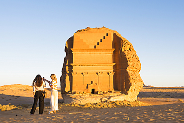 Tomb of Lihyan son of Kuza (Qasr AlFarid), carved into its own separate sandstone outcrop within the UNESCO World Heritage Site of Hegra, AlUla, Medina Province, Saudi Arabia, Middle East