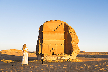 Tomb of Lihyan son of Kuza (Qasr AlFarid), carved into its own separate sandstone outcrop within the UNESCO World Heritage Site of Hegra, AlUla, Medina Province, Saudi Arabia, Middle East