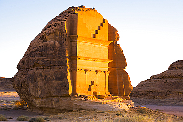 Tomb of Lihyan son of Kuza (Qasr AlFarid), carved into its own separate sandstone outcrop within the UNESCO World Heritage Site of Hegra, AlUla, Medina Province, Saudi Arabia, Middle East