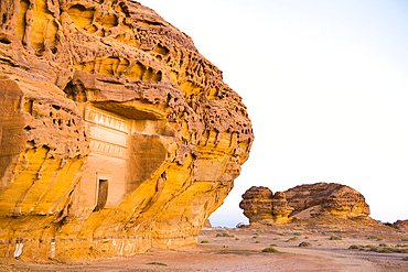 Tombs carved into the sandstone rock of Jabal Banat (Qasr al-Bint) area within site of Hegra, UNESCO, AlUla, Medina Province, Saudi Arabia
