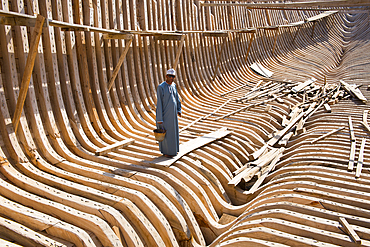 Inner structure in teak wood of a dhow under construction on a traditional shipyard, Sur Township, port-city, capital of Ash Sharqiyah Region, Sultanate of Oman, Arabian Peninsula, Middle East