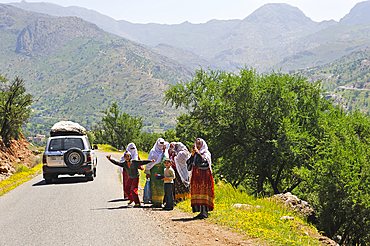 Berber women walking to a village of palm grove Targa N'touchka,Chtouka Ait Baha province,Anti-Atlas,Morocco,North Africa