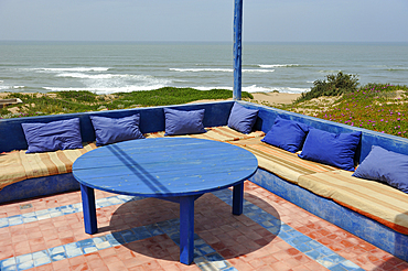 Lounge terrace with sea view at Ksar Massa Hotel, Souss-Massa National Park , Atlantic coast, Morocco, North Africa