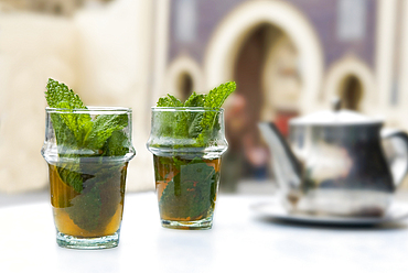 Glasses of mint tea in front of Boujloud gate,Fes,Morocco,North Africa