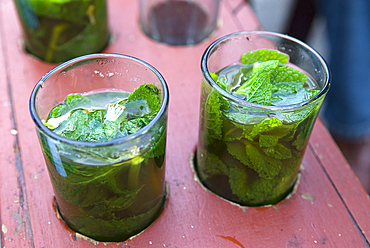 Glasses of mint tea,cafes along the Hassan II square.Tetouan,Rif mountains,Morocco