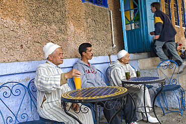 Terrace of a cafe on Uta el-Hammam square in the medina of Chefchaouen,Rif region,Morocco,North Africa