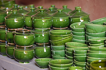 The green glaze is the dominant colour in pottery from the city of Tamegroute, Draa River valley, Province of Zagora, Region Draa-Tafilalet, Morocco, North West Africa