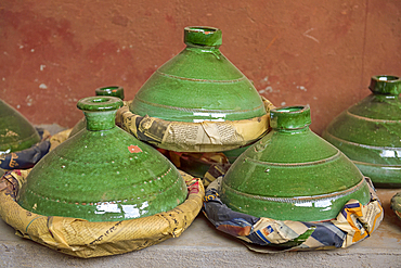 Tajine dish, the green glaze is the dominant colour in pottery from the city of Tamegroute, Draa River valley, Province of Zagora, Region Draa-Tafilalet, Morocco, North West Africa