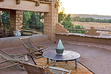 Terrace of Casa Juan, guesthouse at Ait Isfoul, Nesrate village of the edge of Sahara desert, Draa River valley, Province of Zagora, Region Draa-Tafilalet, Morocco, North West Africa