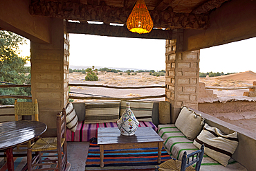 Terrace of Casa Juan, guesthouse at Ait Isfoul, Nesrate village of the edge of Sahara desert, Draa River valley, Province of Zagora, Region Draa-Tafilalet, Morocco, North West Africa