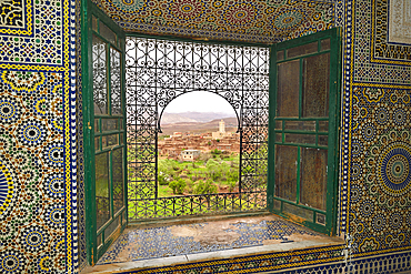 View through a window at the Palace of Glaoui or Telouet Kasbah, on the outskirts of the village of Telouet, Ouarzazate Province, region of Draa-Tafilalet, Morocco, North West Africa