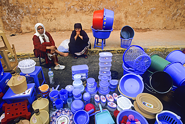 Plastic domestic equipment display in the old medina of Casablanca, Morocco, North Africa