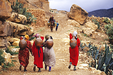 Women carrying water in jar on their back from spring to the village Imi n Tala,High Atlas,Morocco,North Africa