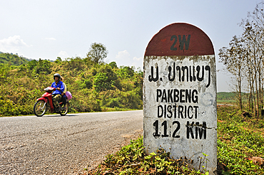 Kilometre-marker on the 2W road leading to Pakbeng, Laos, Southeast Asia