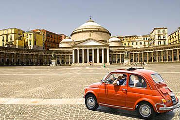 The famous Fiat 500 in front of the San Francesco di Paola Basilica, Plebiscito Square, Naples, Campania region, Italy, Europe