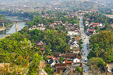 Overview of Luang Prabang ( to Southeast) from Phu Si hill with the Nam Khan River and the Old Bridge in the background, northern Laos, Southeast Asia