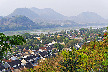 Overview of Luang Prabang from Phu Si hill with the Mekong River in the background, northern Laos, Southeast Asia