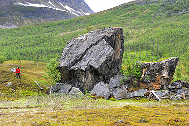 Isolated huge rock in Nordmannvikdalen valley(called Church Rock in reference to Sami people mythology) ,region of Lyngen,County of Troms,Norway,Northern Europe