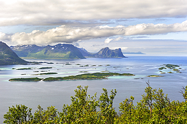 View over the fjord Bergsfjorden from Husfjellet mountain.Senja island.County of Troms,Norway,Northern Europe