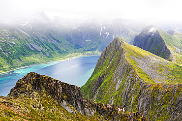 View over the fjords Steinfjorden and Ersfjorden from Husfjellet mountain, Senja island, County of Troms, Norway, Northern Europe