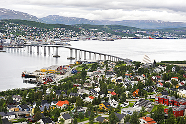 Panoramic view over the city from the Storsteinen Mountain.Tromso.County of Troms,Norway,Northern Europe